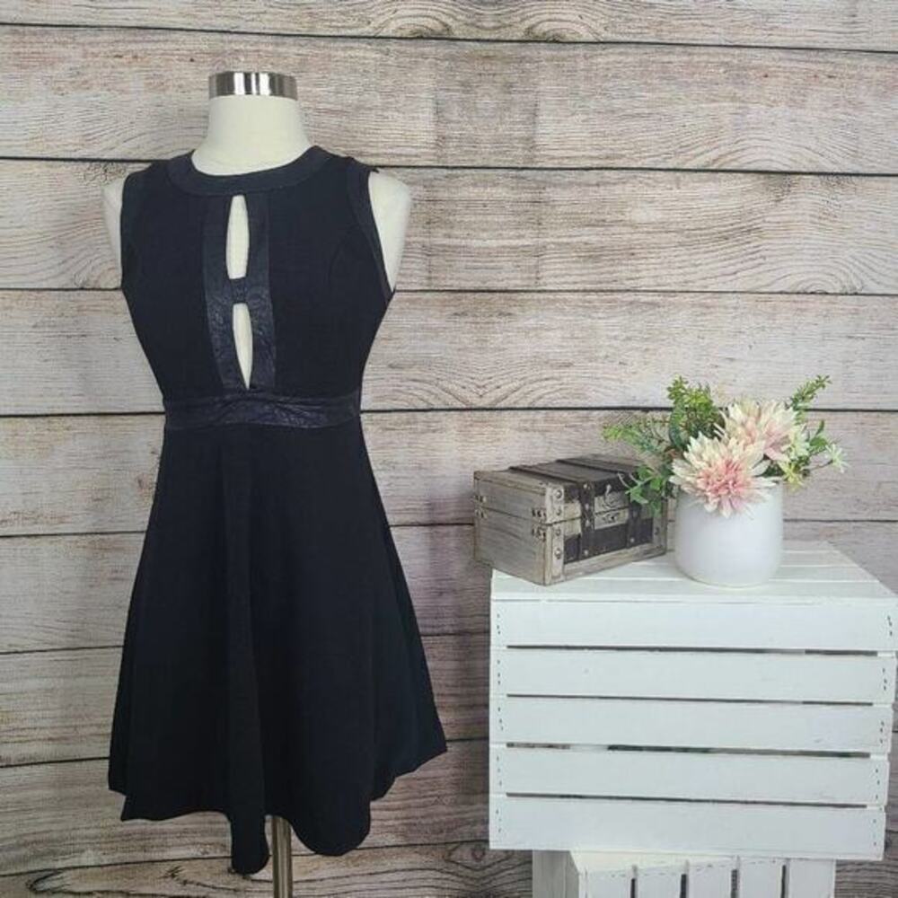 Monteau Womens Midi Dress Sleeveless Faux Leather Trim Cutout Black Small